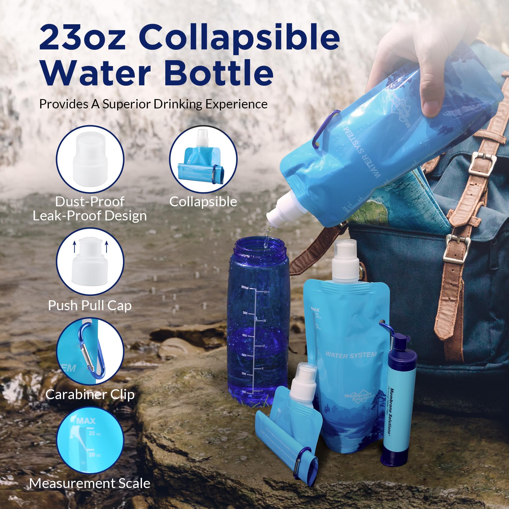 6L Gravity Water Filter Pro with 23oz Collapsible Squeezable Water Pouch 4 Set