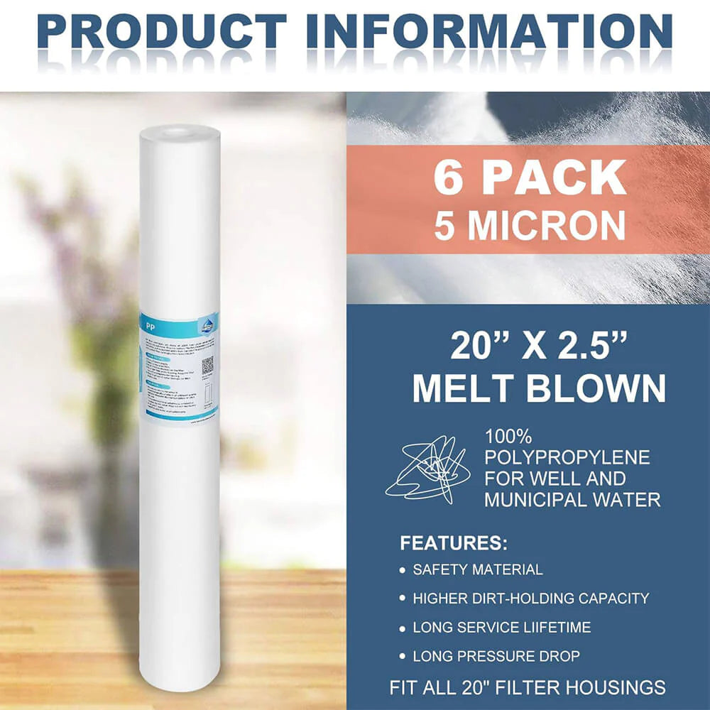 Melt-Blown Sediment Water Filter Replacement Polypropylene Cartridge 20" x 2.5"