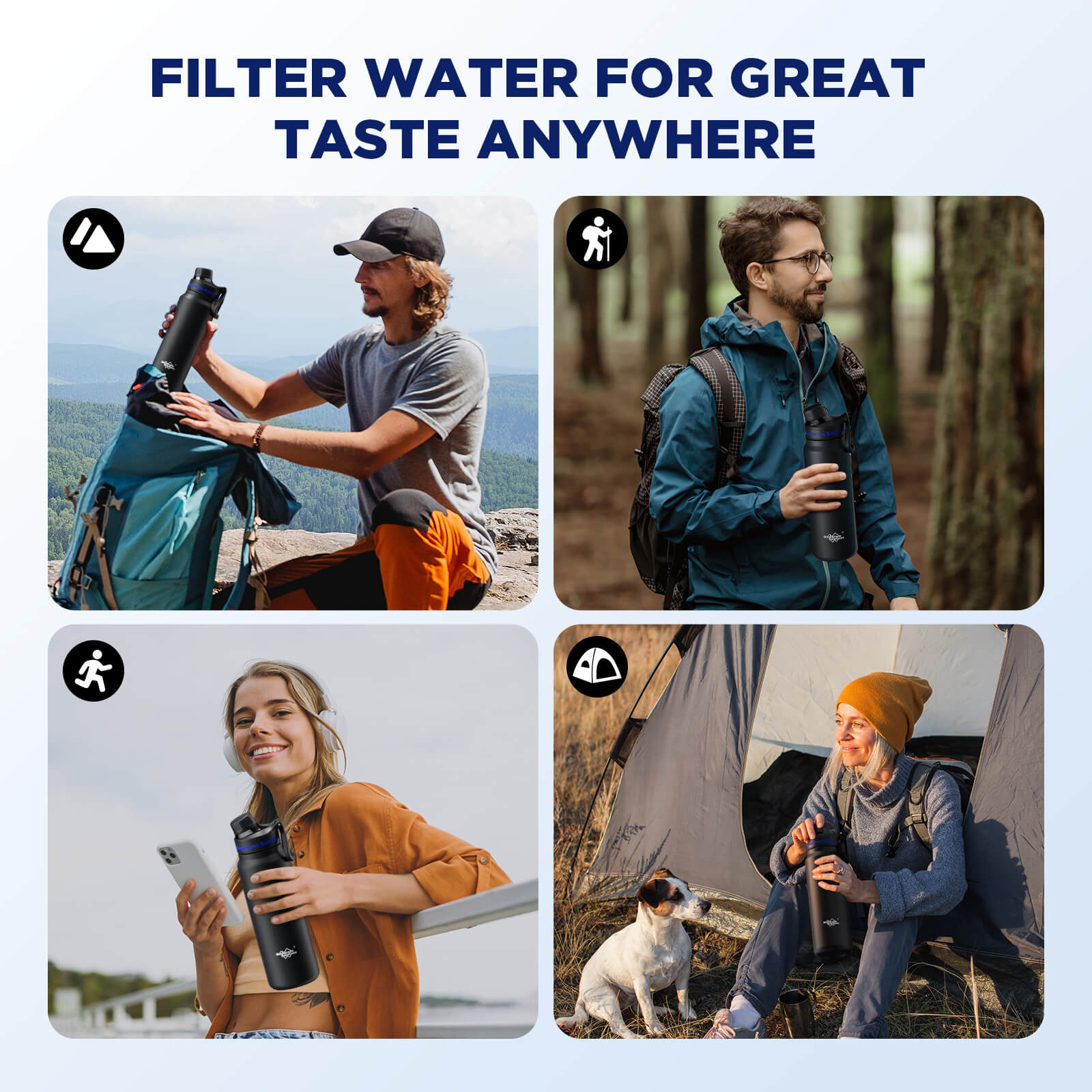 Membrane Solutions C3 32oz 6-Stage Stainless Steel Water Filter Bottle with ACF & UF Filter