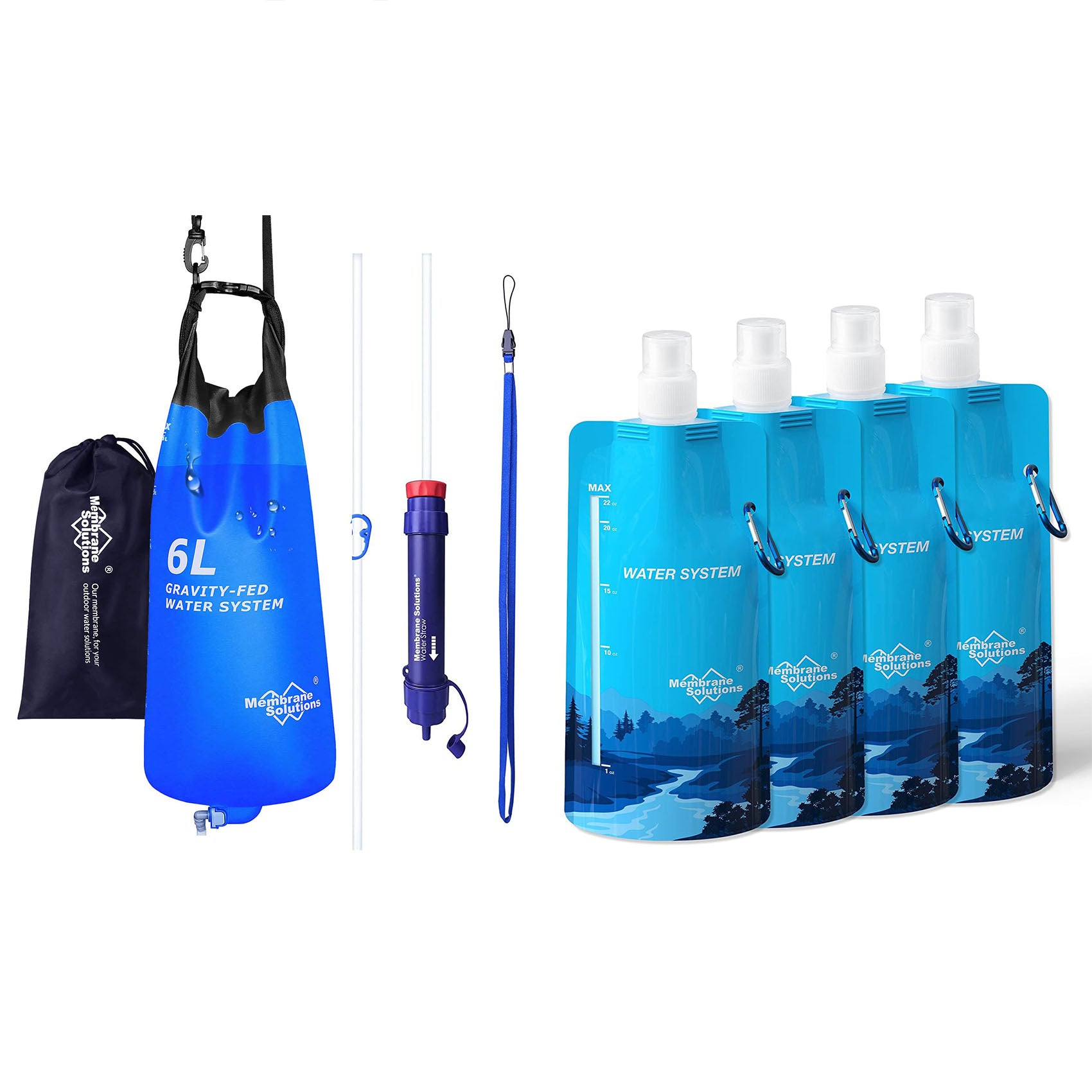 6L Gravity Water Filter Pro with 23oz Collapsible Squeezable Water Pouch 4 Set