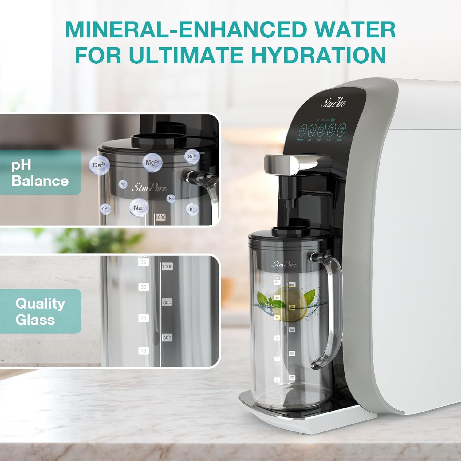 SimPure Y7T-A Countertop RO System with Portable Glass Water Pitcher &Alkaline Remineralization