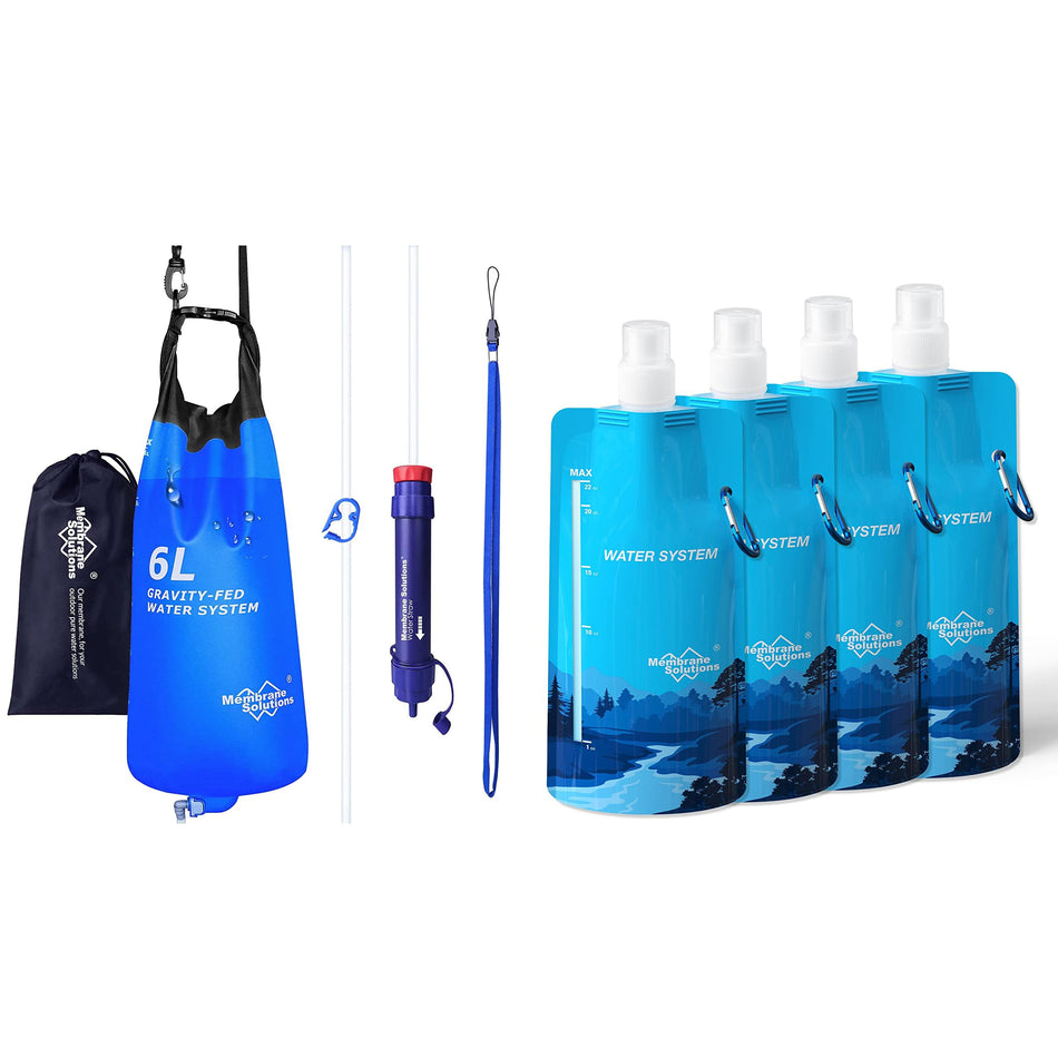 6L Gravity Water Filter Pro with 23oz Collapsible Squeezable Water Pouch 4 Set