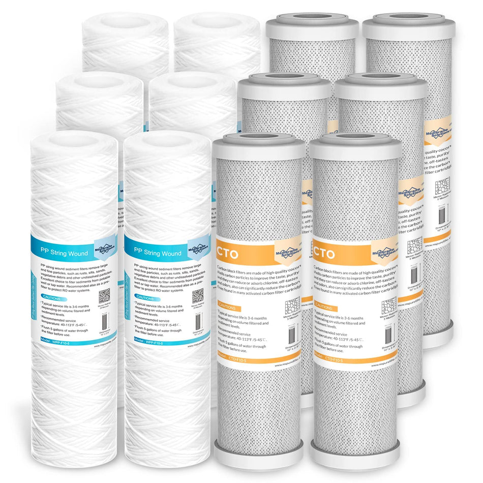 5 Micron String Wound & 5 Micron CTO Carbon Block Water Filter 10"x2.5", Whole House Water Filters Universal Replacement Filter Cartridge by Membrane Solutions