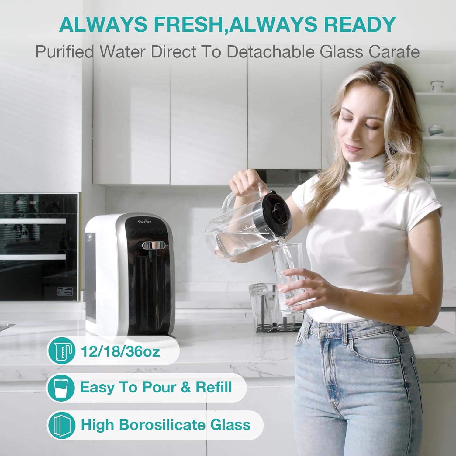 SimPure Y7T-BW Countertop RO System with Portable Glass Water Pitcher &Alkaline Remineralization